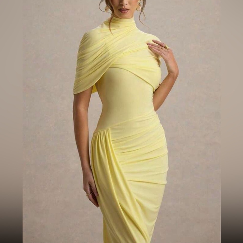 Yellow Asymmetric Ruched Midi Dress - Picture 4 of 5